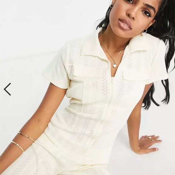 ASOS 70's zip front collared jumpsuit in pointelle Size Small US 4 Flare Beige - Picture 2 of 4